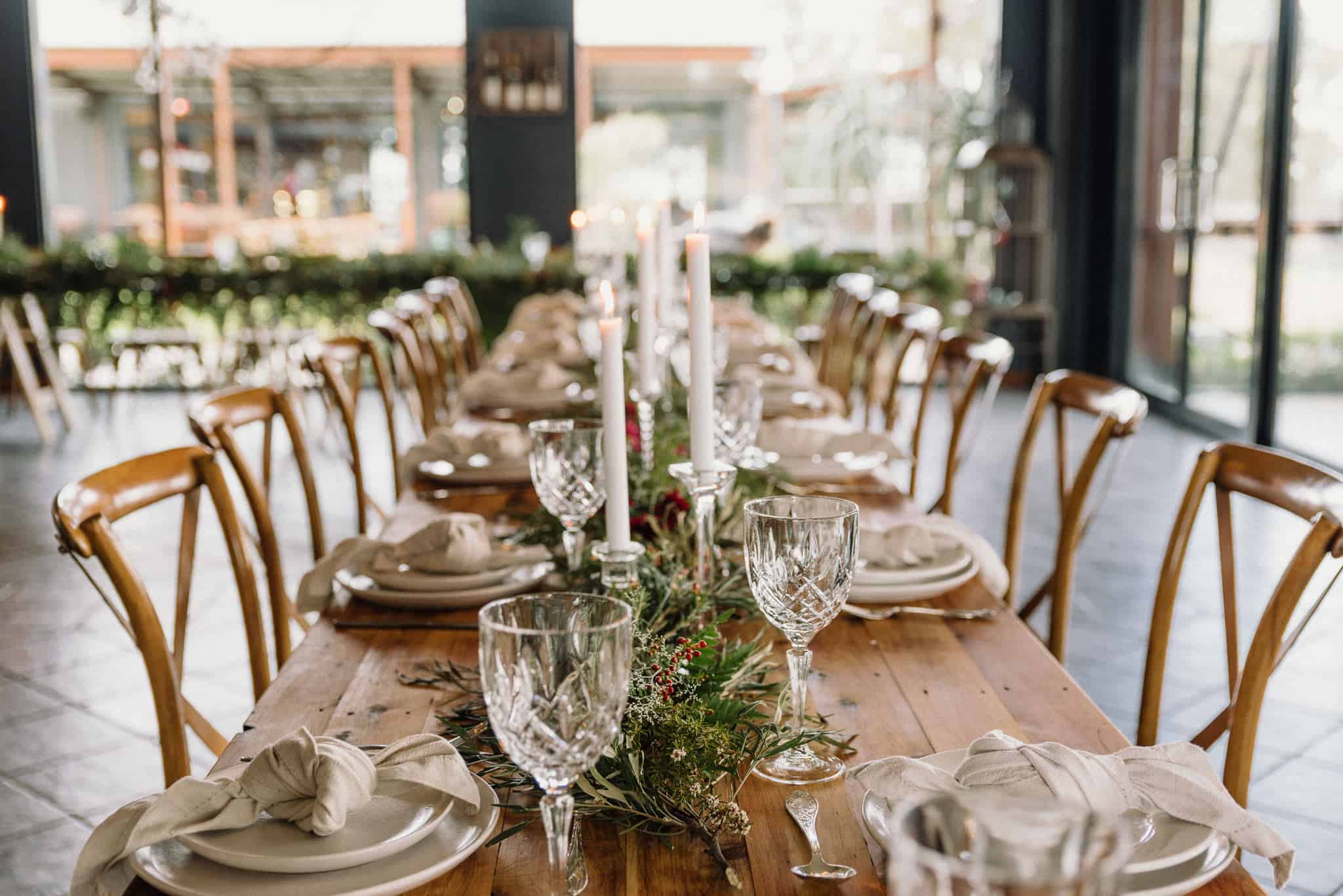 Close up detail of reception table styling with foilage, candles and glassware Captured by James White Hunter Valley Wedding Photographer at Estate Tuscany 
