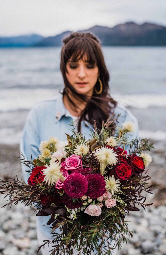 beautiful floral arrangement for bride in New Zealand elopement