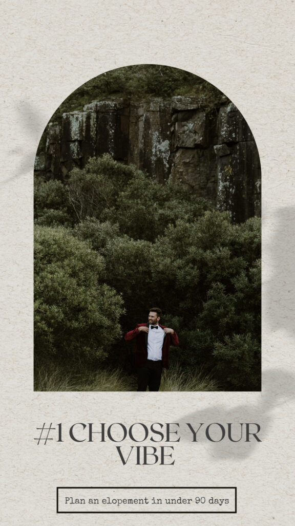 Planning an elopement in 8 steps - choosing the right vibe and style for your elopement. Groom getting dressed in front of sheer rock face and getting on amazing burgundy velvet suit jacket. 