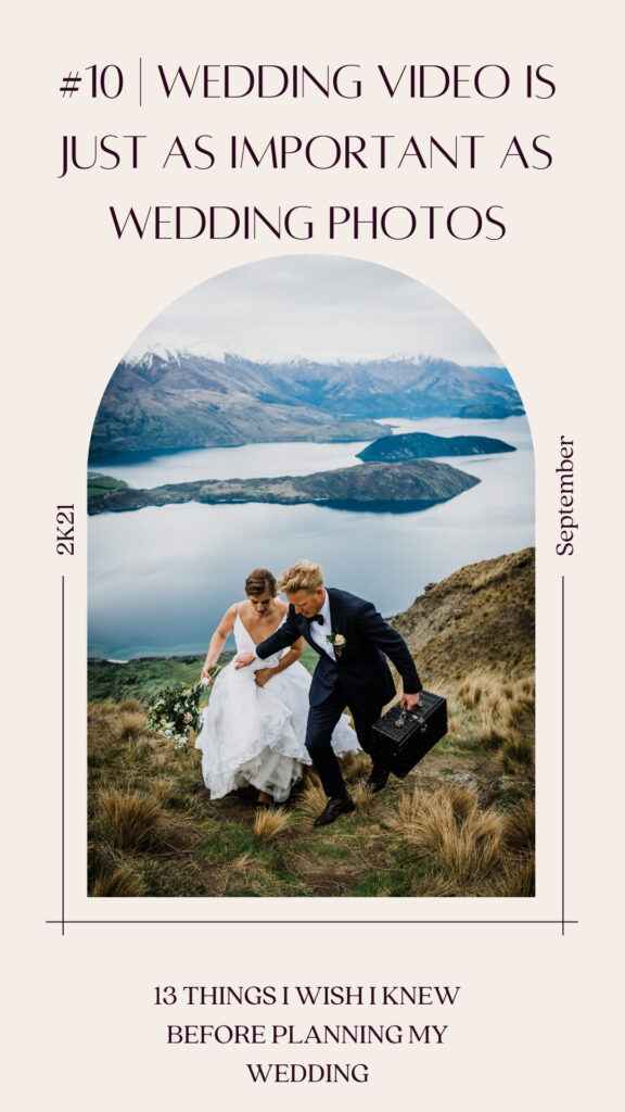 Photo of bride and groom holding picnic basket, trekking up coromandel peak in new zealand
