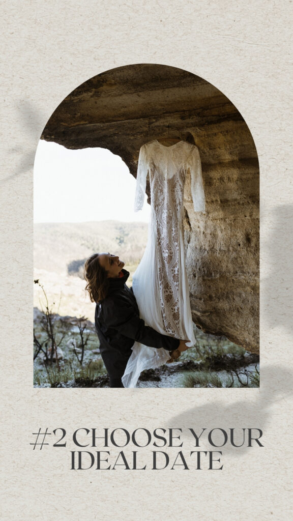 Planning an elopement in 8 steps - choosing your ideal date. Image of bride checking out her dress which is hanging inside a cave in the blue mountains