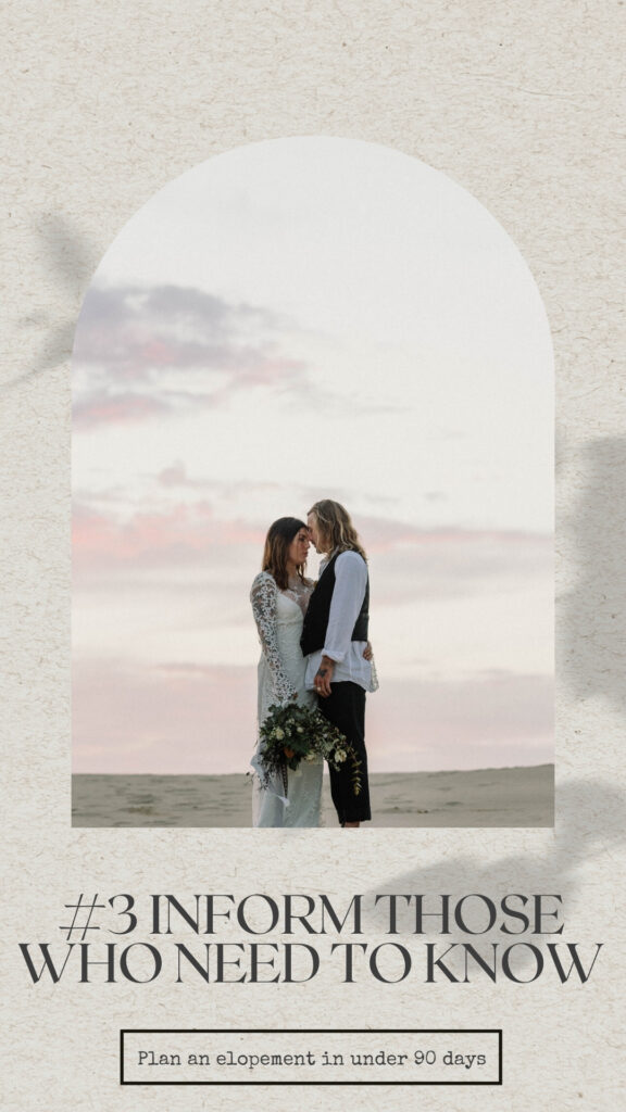 Planning an elopement in 8 steps - inform those who need to know. Image of stunning boho bride and groom standing under stunning pink sunset on Stockton sand dunes 