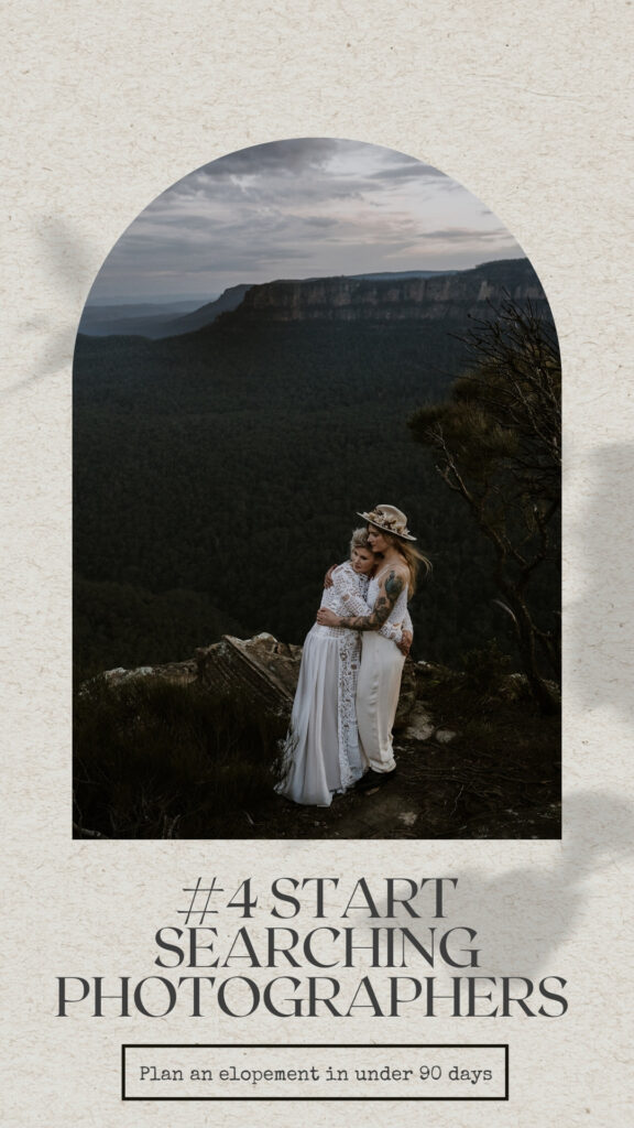 Planning an elopement in 8 steps - start searching for photographers. Gorgeous brides are hugging in an intimate embrace on cliff edge in blue mountains elopement 
