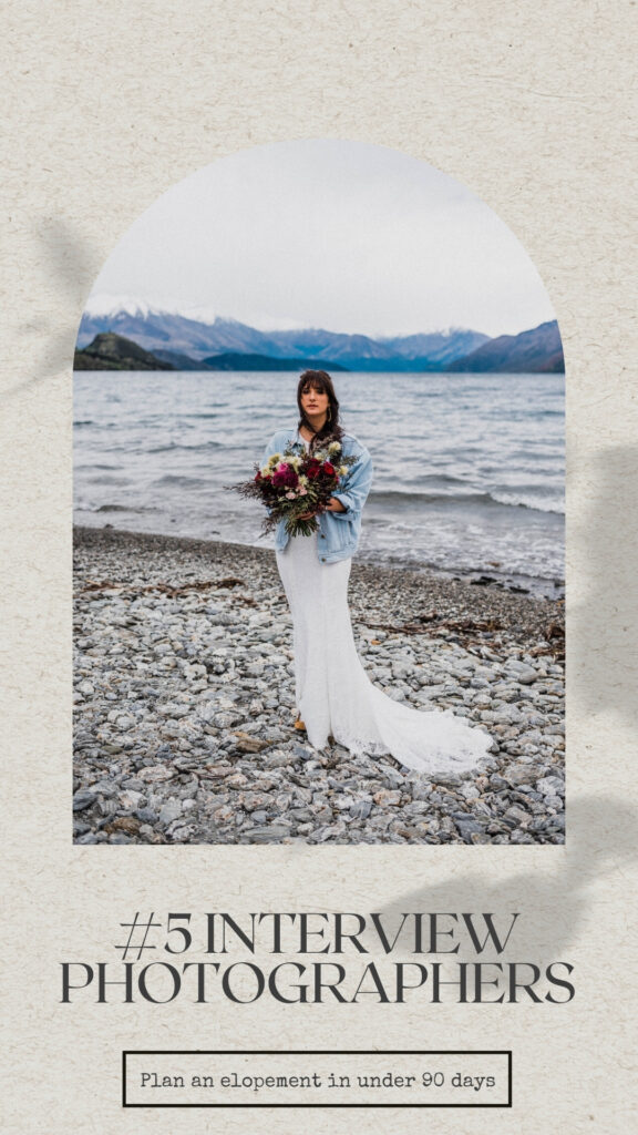 Image of a bride, in gorgeous dress and handmade denim jacket standing in front of Lake Wanaka in New Zealand elopement 