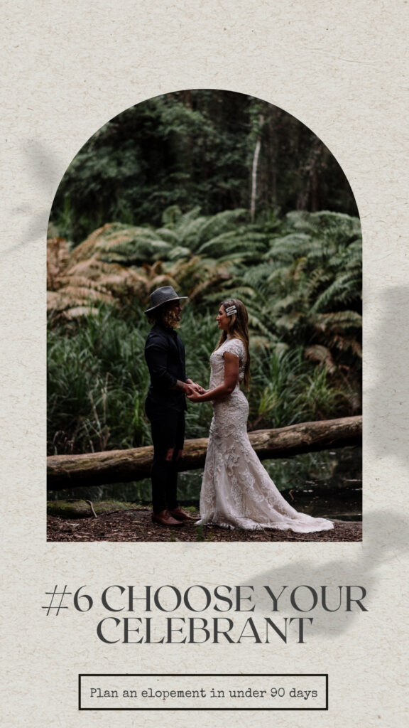 Planning an elopement in 8 steps - choosing the right celebrant. Image of bride and groom standing in rainforest in front of deep green backdrop and lake saying their vows