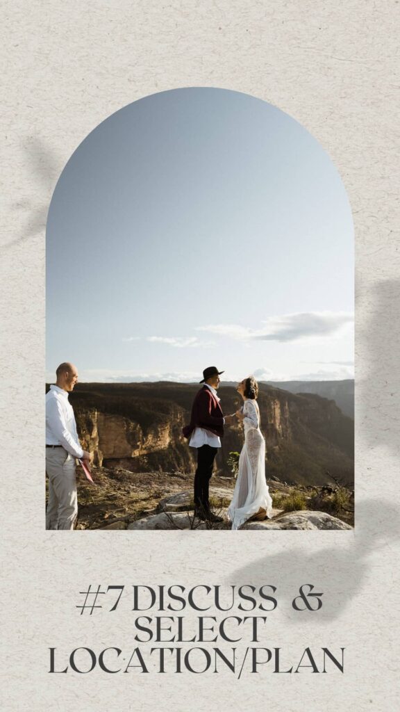 Planning an elopement in 8 steps - discussing and selecting locations with your photographer. Image of bride and groom eloping in blue mountains at sunset on a clifftop 