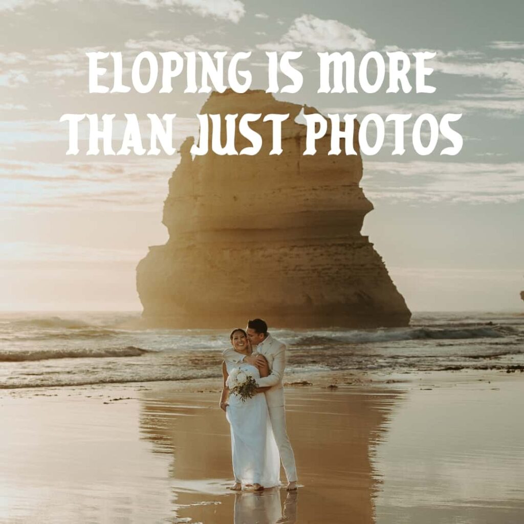 Couple embrace with the sun setting behind the 12 apostles on the great ocean road in Melbourne Australia. Beautiful elopement ceremony, crushing elopement myth one by one. 