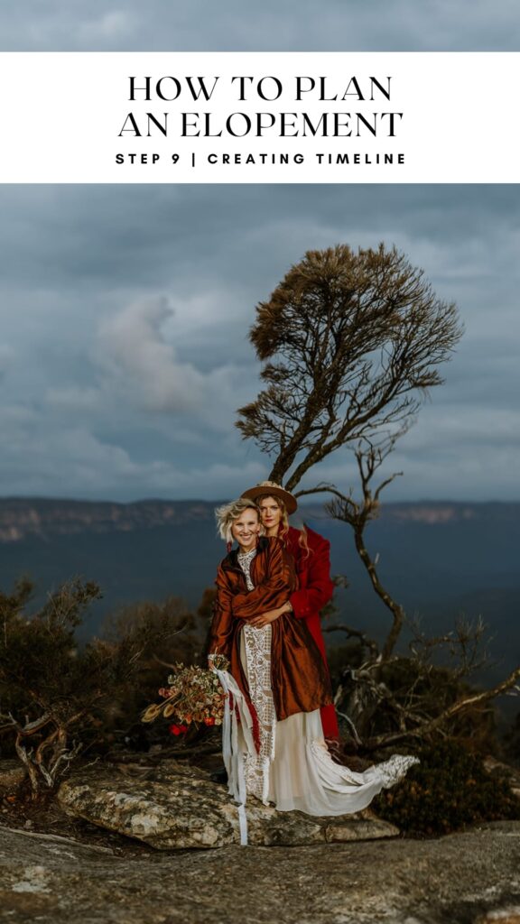 2 brides embracing after a storm in the Blue Mountains, NSW, Australia. Both brides wearing red and terracotta coats to add colour to the shot. What do you need to elope? Good vendors and a great location