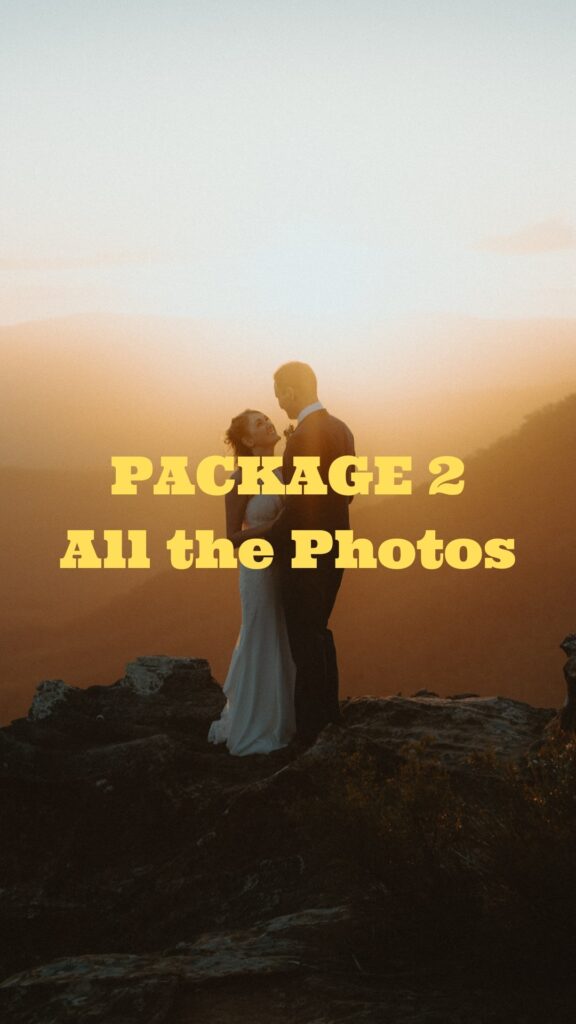 Bride and groom stand on the edge of a cliff in the Blue Mountains as the golden sunset beams in on them. This is definitely how to elope in the blue mountains